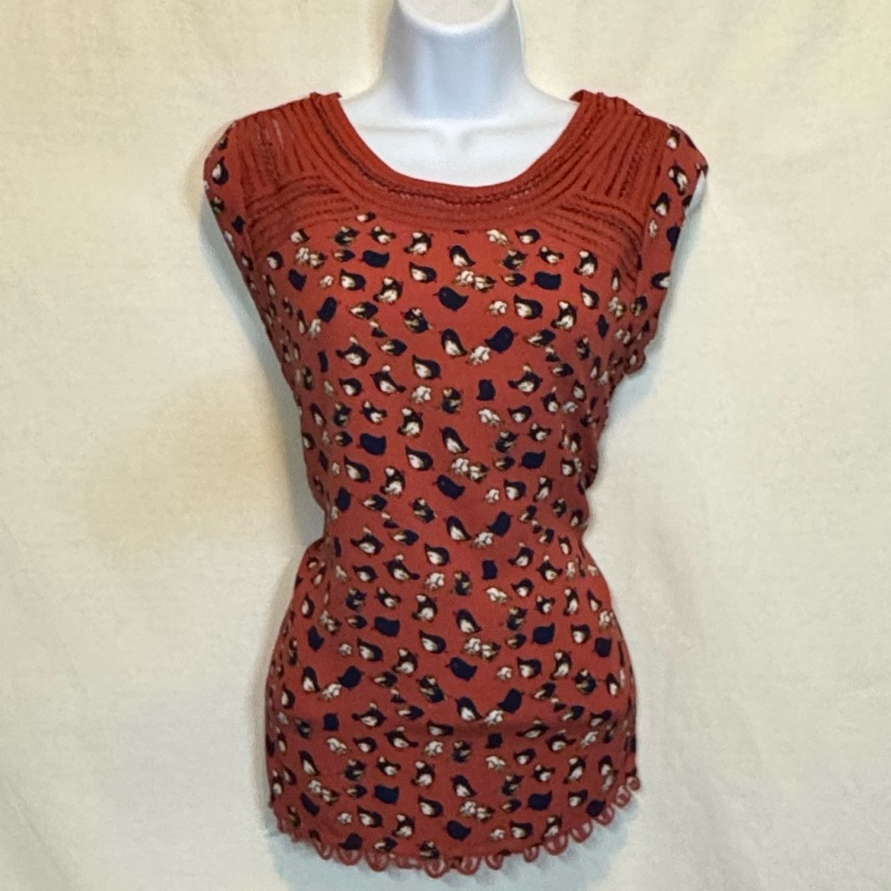 G-169 Meadow Rue Red Blue & Cream Lace Detail Sleeveless‎ Blouse Size S